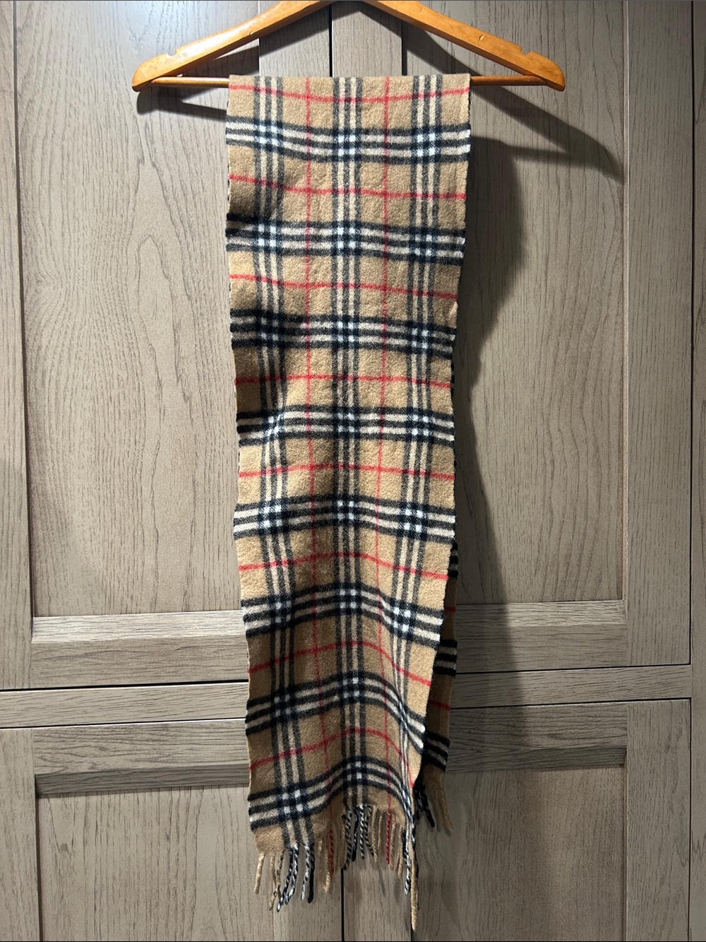 Vintage 90s Burberry Tan Plaid Scarf 100% lambswool